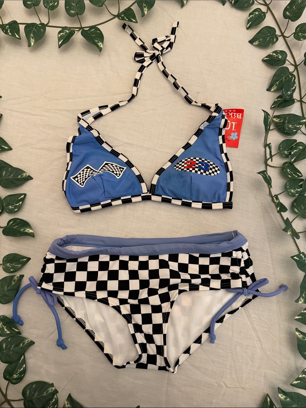 Girls' Blue Checkered Racing Triangle Bikini Set